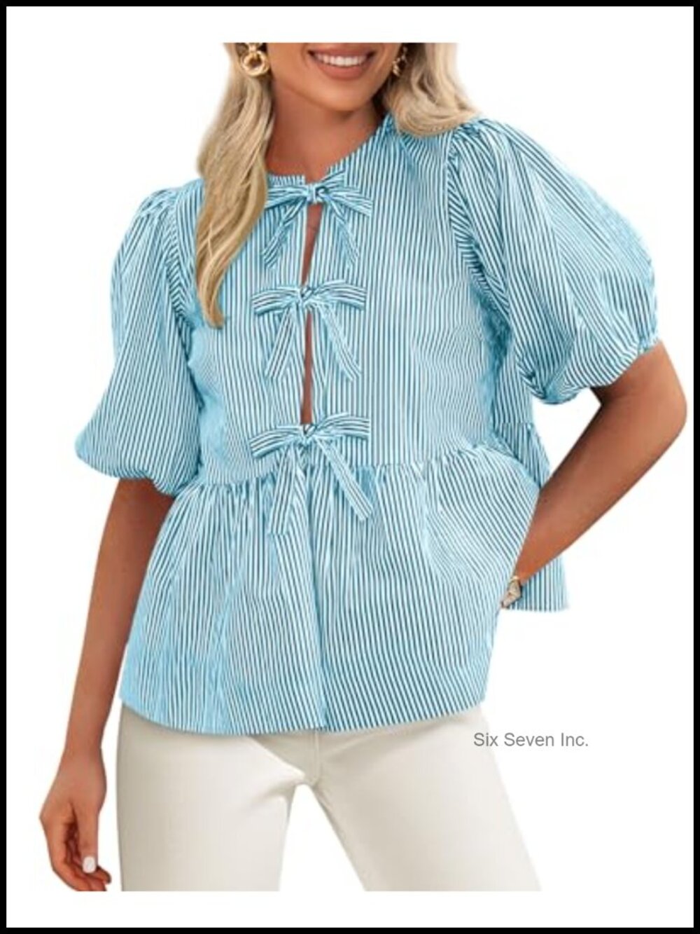 Striped Tie Front Babydoll Peplum Blouse Puff Sleeve Button Down Top